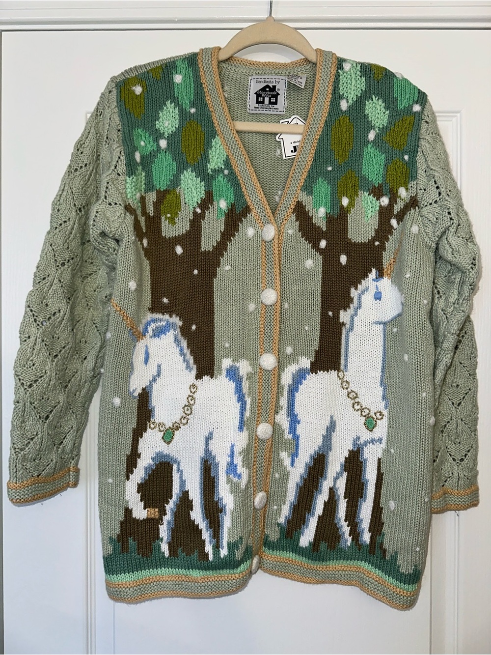 Storybook Knits Whimsical Sage Green Rare Forest Unicorn Cardigan Small